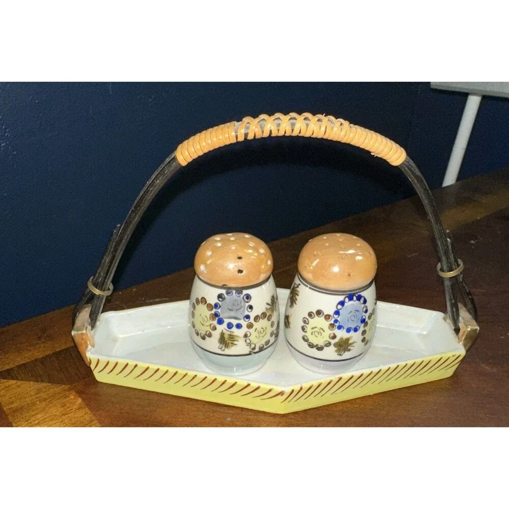 Vintage Salt and Pepper Shaker with Tray Made in Japan Hand Painted 2.5